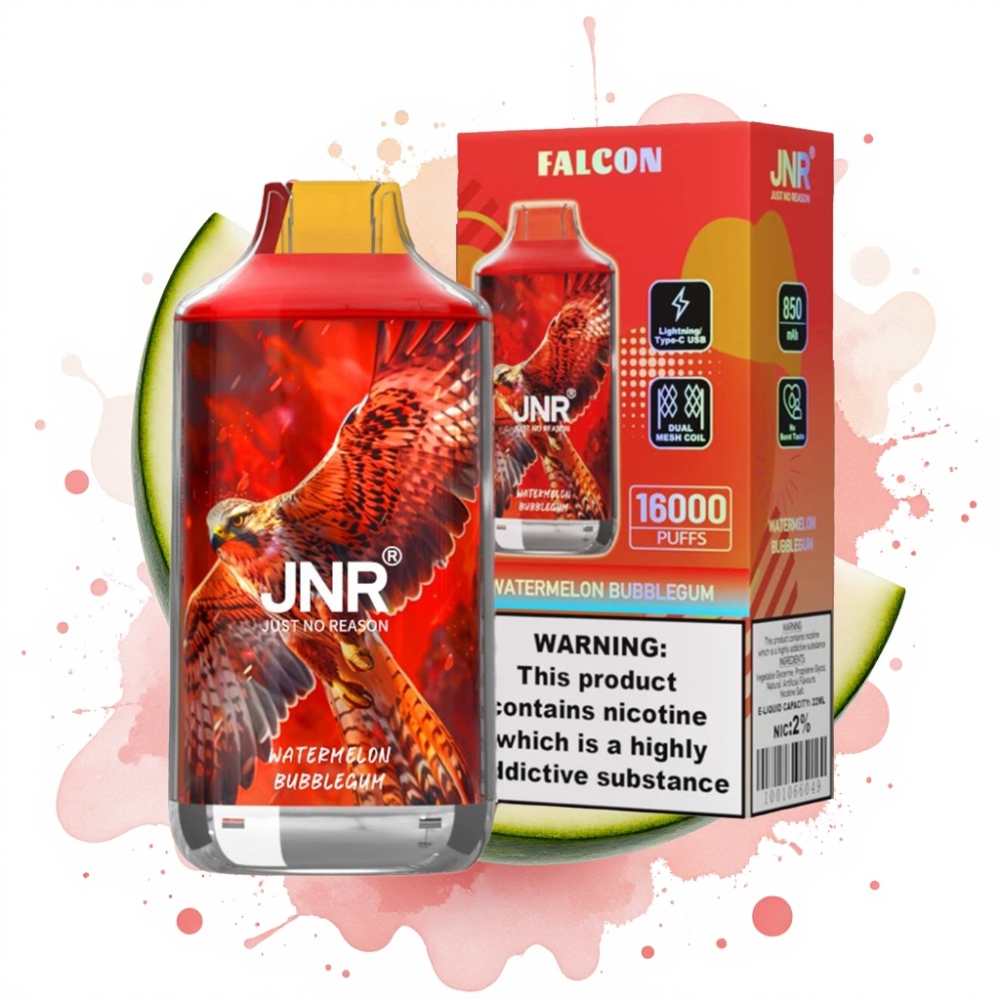JNR Falcon 16000 Puffs Disposable Vape 850mAh 22ml Dual Mesh Coil Type C & Lightning Smart LED Display 0% 2% Watermelon Bubblegum